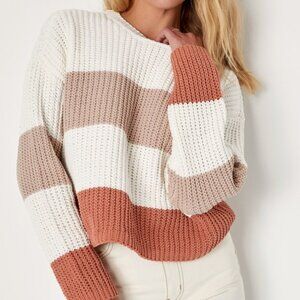[NEW W TAGS]Lulus Moments Of Cozy Ivory Multi Striped Crew Neck Pullover Sweater